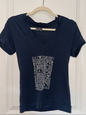 Emporio Armani Navy V-Neck Logo Wordmark Tee